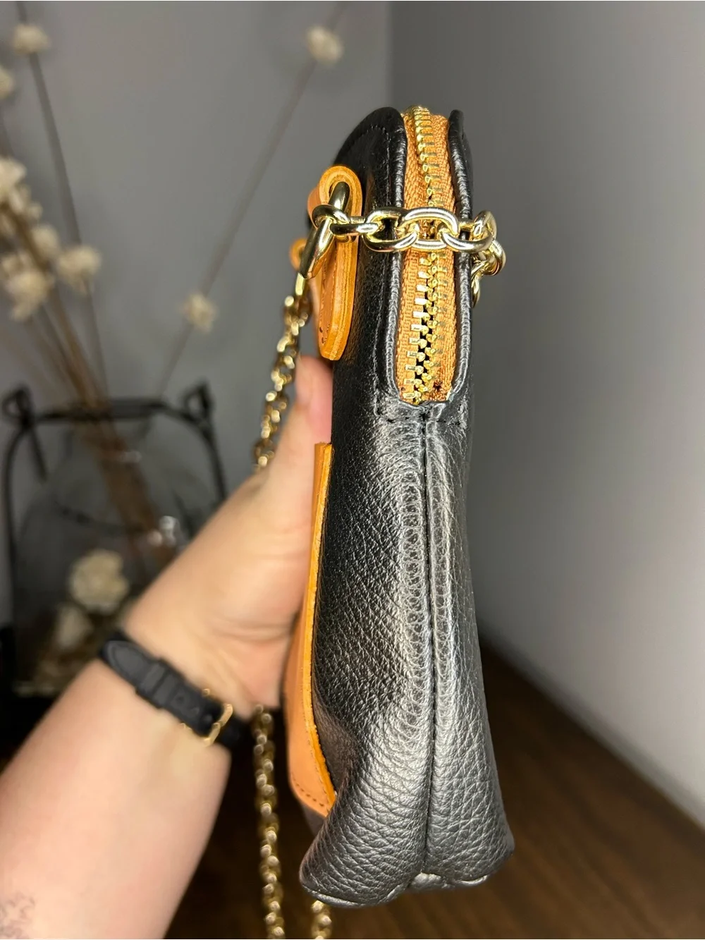 Valentina Black Pebbled Leather Gold Chain Small Crossbody Bag
